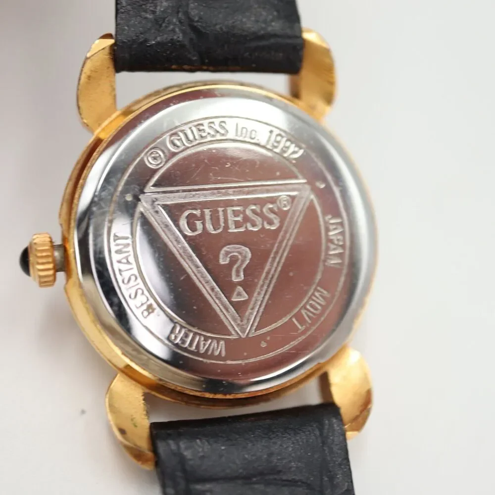 Vintage 1992 Guess Watch 25mm Gold Tone Black Leather Strap with New Battery